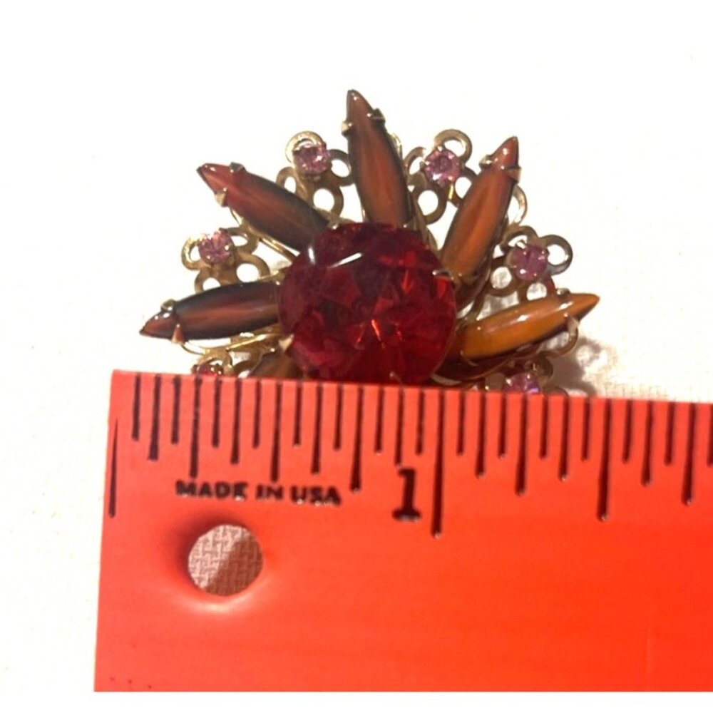 Pink and Gold Tone Retro Floral Brooch Vtg Jewelry Atomic Starburst Type Pattern - Picture 7 of 8